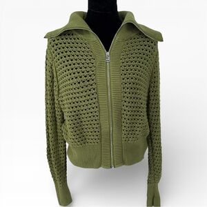 Varley Olive Green Zip-Front Crochet Cardigan